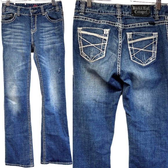 R&R Cowgirl 29"x24" Tall Bootcut Flare Low Mid Rise dark blue distressed - Picture 2 of 11